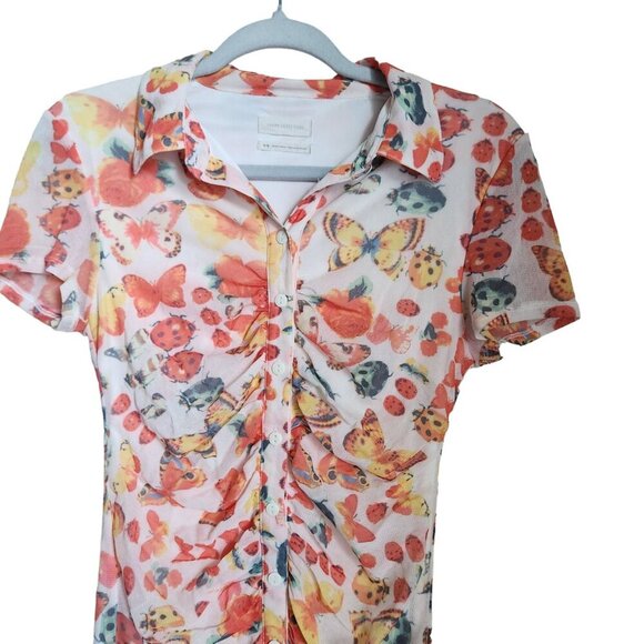 Urban Outfitters Y2K Riko Mesh Orange Butterfly Mini Dress Size M Ruched Button - Picture 3 of 14